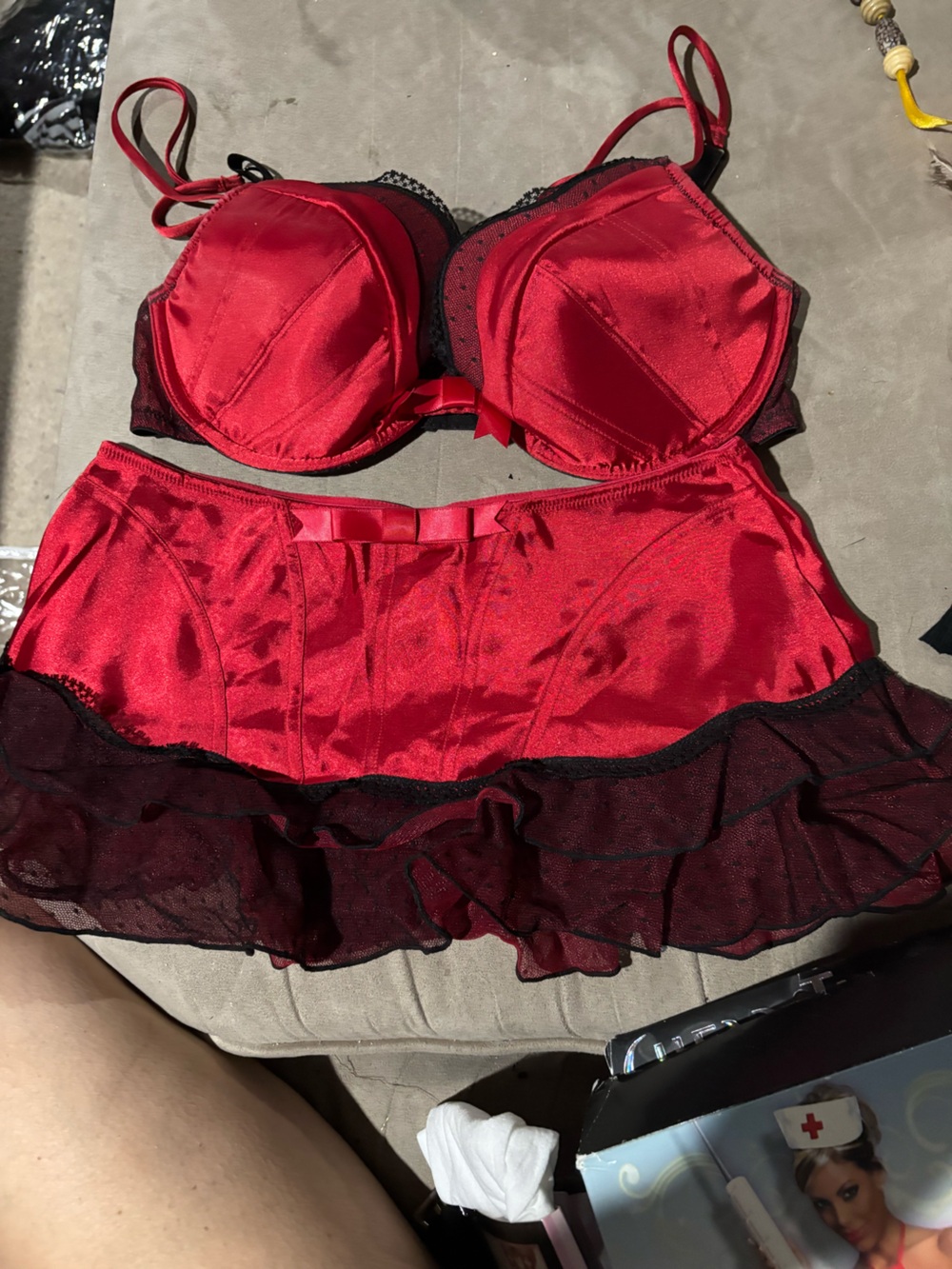 Jezebel Red Satin Bustier Set with Black Mesh Ruffle